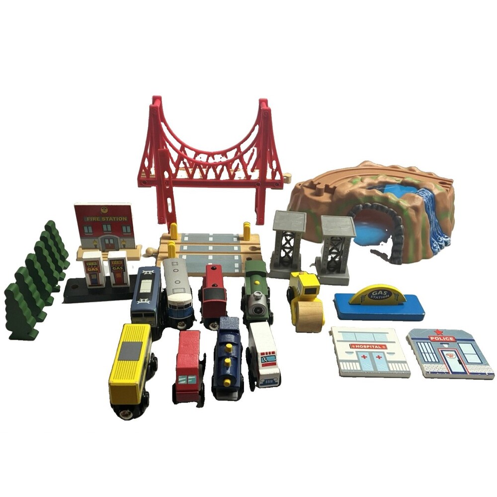 Kid Craft Wooden Train Cars Bridge Mountain Signs Trees Accessories Lot of 28